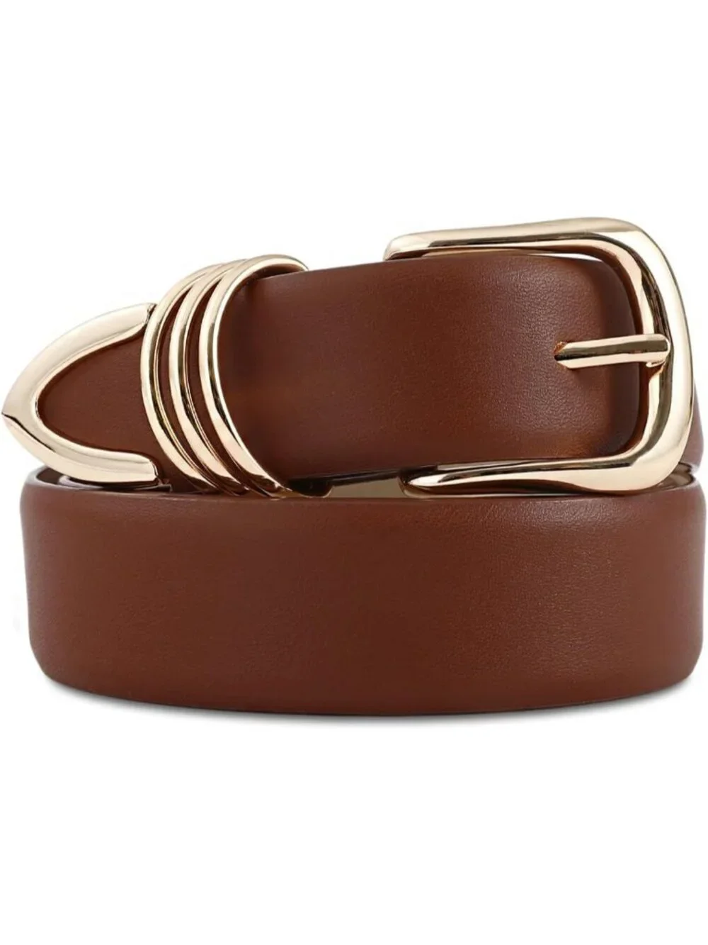 Women Brown Leather Dress Belt For Pants Jeans Fashion With Classic Gold Buckle